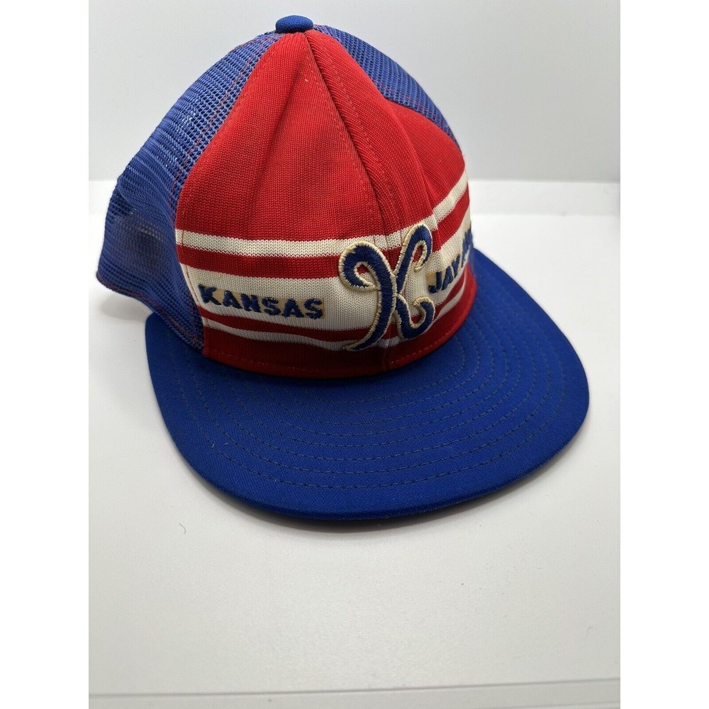 VINTAGE SNAPBACK TRUCKER HAT 80s AJD Kansas Jayhawks Three 3 Stripe